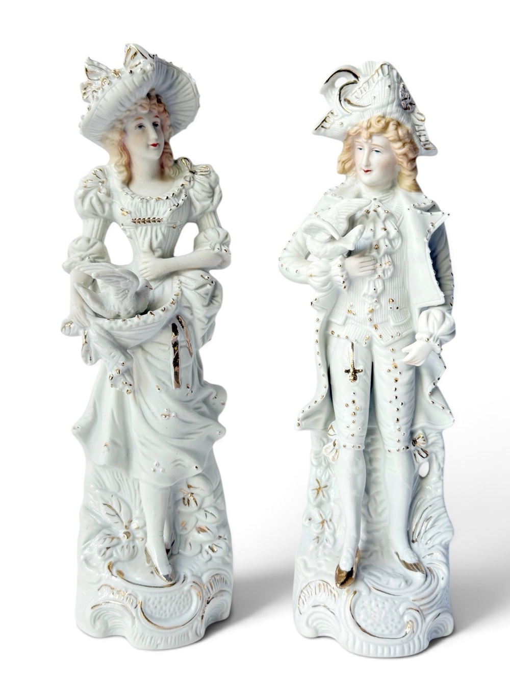 Vintage Pair of Rococo Baroque Couple Figurines Doves White Bisque Porcelain 12”